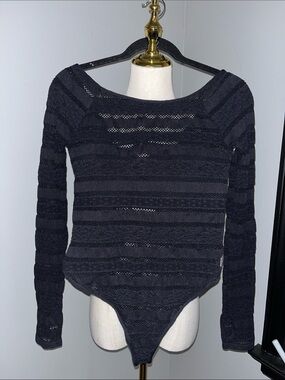 FP Movement by Free People Black Sheer Stripe Long-Sleeve Bodysuit